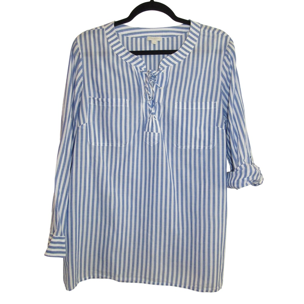 Talbots Petite Blue White Stripe Lace Up Tunic Blouse LP Coastal‎ Cotton Breezy